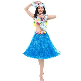 SMYAXUNW Hawaiian Luau Hula Grass Skirt 24 inch Fancy Stretch Long Grass Skirt Natural Hibiscus Flower Vibrant Tropical Beach Party Grass Skirt For Prom, Holiday Shows, etc. (Blue)