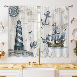 oolygoo Nautical Sailboat Beach Small Kitchen Curtains Coastal Window Treatment Beach Themed Farmhouse Cafe Short Window Curtains for Bathroom Dining Room Rustic Tier Treatment Drapes 27.5x39 inch