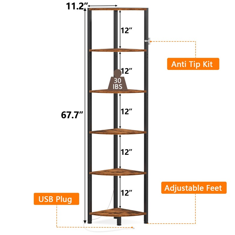 Furnulem 6 Tier Corner Shelf with LED Light, 67.5” Tall