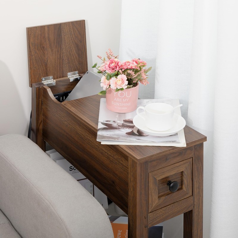 LUSUOWLZ End Table with Movable Top and Charging Station, Narrow