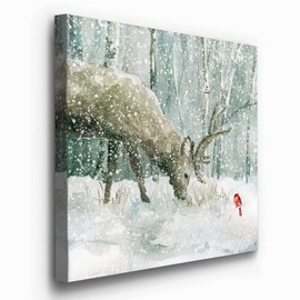 Renditions Gallery Reindeer and Cardinal Wall Art, Cute Christmas Artwork, Snowy Winter Forest, Scenic Nature, Premium Gallery Wrapped Canvas Decor, Ready to Hang, 24 in H x 24 in W, Made in America
