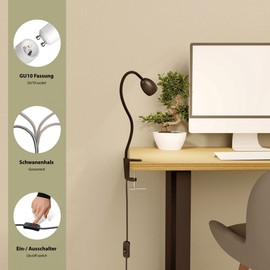 ledscom.de KLUK GU10 Clamp Light with Gooseneck, Black with GU10, 3-Level Dimmable, Warm White, W