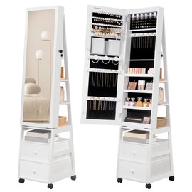 Hzuaneri Jewelry Cabinet，42.5" Lockable Standing Jewellery Mirror Cabinet with 2 Drawers, 360° Swivel Jewellery Cabinet with Lights on Four Wheels, Full Length Mirror, White JC37503B