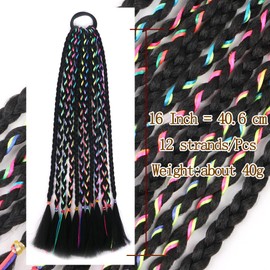Box Braided Hair Ponytail Extensions,Black Box Braids with Colorful Strings,2 Pieces Kids Synthetic Braided Hairstyles for Blackgirl Women(Black with colorful Strings, 16 Inches)