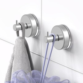 HUFEEOH Suction Cup Hooks for Shower, 2 Pack Wall Hooks Shower Towel Hook Towel Holder for Hanging, Removable Towel Suction Cup Hooks Bathroom Towel Hook for Towels (Silver)