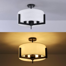 Mecuss 16 inch Semi Flush Mount Ceiling Light: 3-Light Black Modern Light Fixtures Ceiling Mount with Drum Fabric Shade, Close to Ceiling Lamp for Bedroom, Kitchen, Entryway (Bulb Exclude)