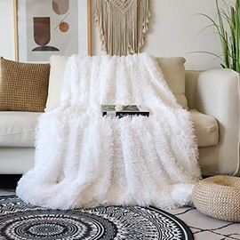 Decorative Extra Soft Faux Fur Blanket Full Size 70" x 78",Solid Reversible Fuzzy Lightweight Long Hair Shaggy Blanket,Fluffy Cozy Plush Fleece Comfy Microfiber Blanket for Couch Sofa Bed,Pure White