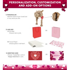 DolliBu I Love You Valentine Plush Brown Llama Hat - Cute Stuffed Animal with Red Heart and Name Personalization Gift for Valentine's Day, Birthday, Anniversary, Romantic Date - 16.5 Inches