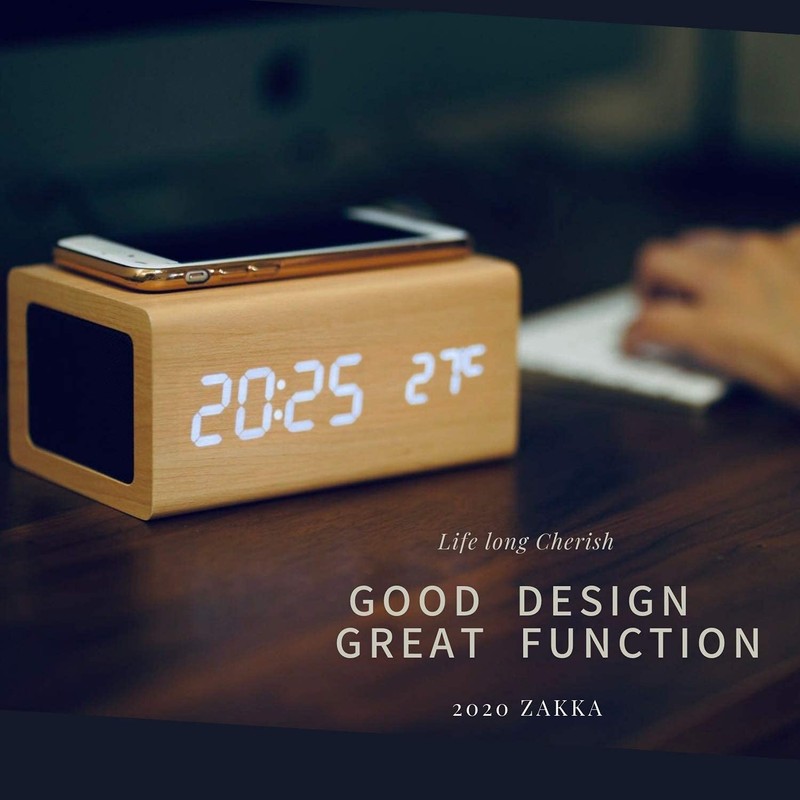 WOOD SHOW Alarm Clock Table Clock, Bluetooth 5.0 Speaker, Smartphone
