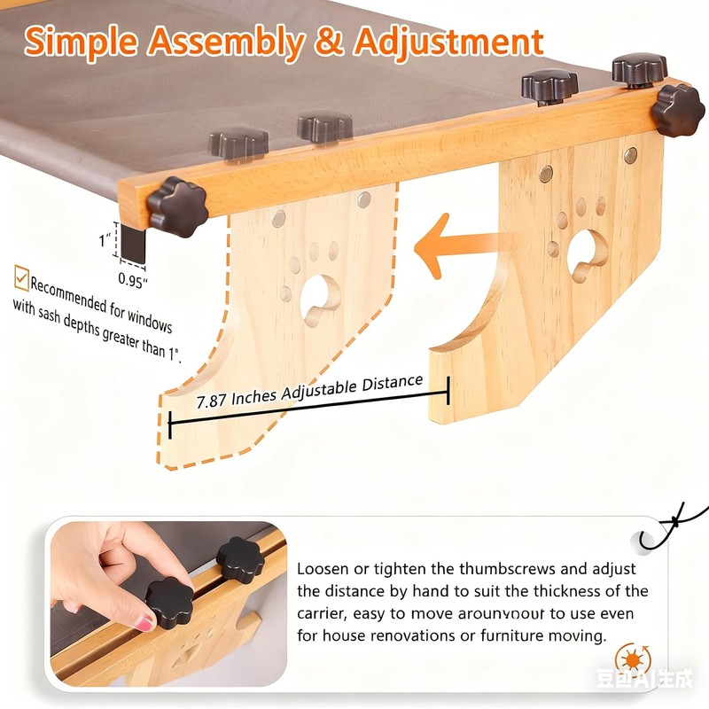 Cat Window Perch - Drill-Free Adjustable Sill Hammock, Sturdy Wood