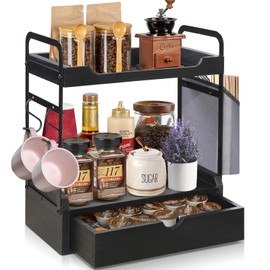 Wooden Coffee Bar Organizer - 2-Tier Station with Pod Holder, Syrup Snack Organizer, Bag & Hooks (Black)