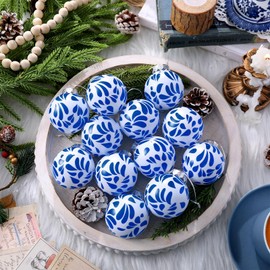 Suncalla 12 Pcs Mexican Talavera Christmas Tree Ornaments Blue White Mexican Balls Plastic Decorative Navidad Ornaments 2.4 Inches Holiday Hanging Decorations for Xmas Holiday Party Favors Home