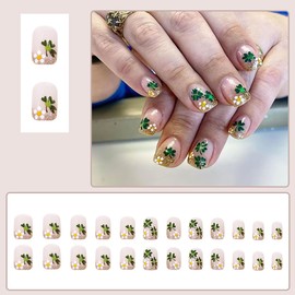 24Pcs St. Patrick's Day Fake Nails French Tip Press on Nails Short Square False Nails Green Shamrock Acrylic Nails Glitter Gold Nail Tip Four Leaf Clover Artificial Glue on Nails Flower Stick on Nails