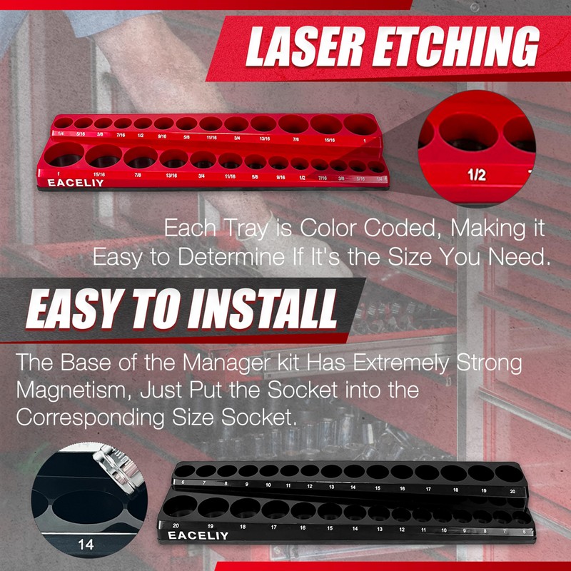 EACELIY 8Pcs Magnetic Socket Organizer Set, 1/2", 1/4" and 3/8"