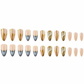 MISUD Press on Nails Medium Almond Fake Nails Glossy Glue on Nails Gold Chrome Acrylic Nails Stiletto Artificial Nails Blue Ombre French Tip Stick on False Nails with Design 24 pcs