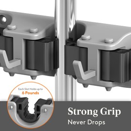 Lifewit Mop and Broom Holder Wall Mount, Anti-Slip Broom Hanger for Cleaning Supplies Organizer, Easy Install Tool Hanging Rack for Closet, Kitchen, Garage, 5 Slot 6 Hooks, Hold 30lbs, Gray, 2 Pack