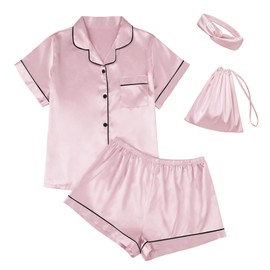 LILLUSORY 4Pcs Women Silk Pajama Set Summer 2025 Satin Pjs 2 Piece Suit Lounge Scrunchies Lady Sleepwear Matching Clothing Pink M