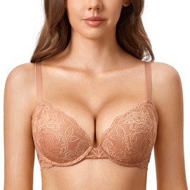 DOBREVA Women's Push Up Bra with Lace Padded Plunge Underwire Full Cup Bra Moulded Cups, Cream coffee.