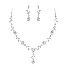 EVER FAITH Wedding Jewelry Set for Bride Bridesmaid, Austrian Crystal Cluster Flower Leaf Party Necklace Earrings Sets Clear Silver-Tone
