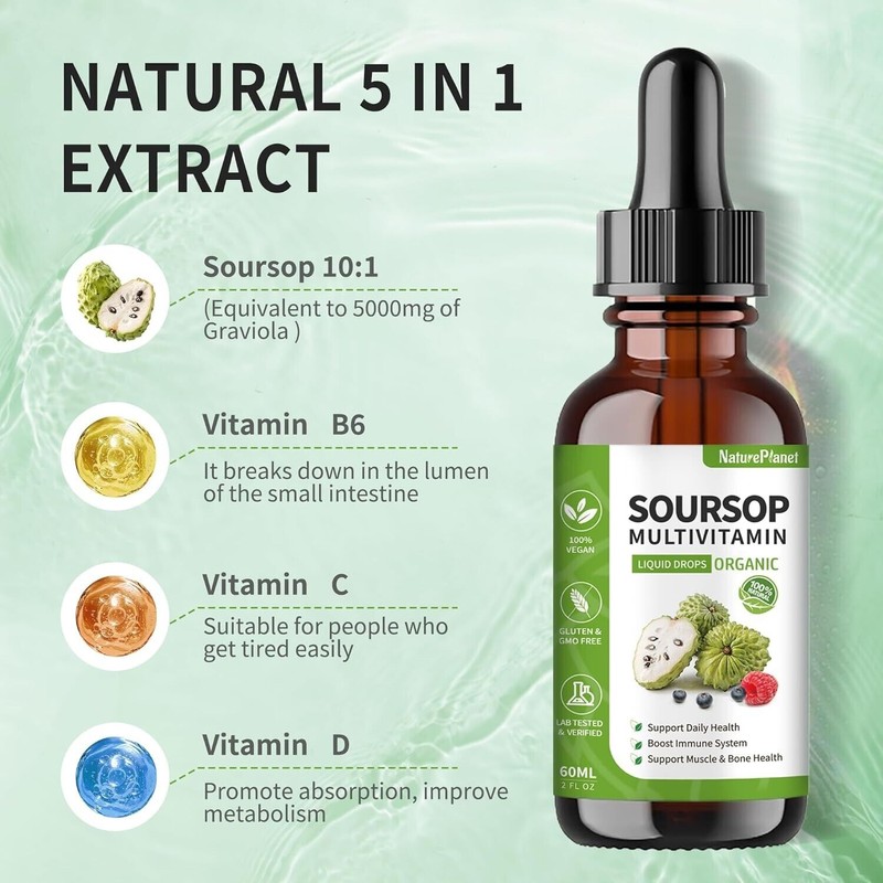 Soursop Multivitamin Liquid Drops, Bitters Liquid, Organic Soursop Leaf Extract