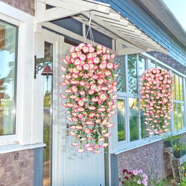 TOCHGREEN Artificial Fake Hanging Flowers Plants for Outdoor Decoration 2PCS Faux Silk Morning Glory Flowers UV Resistant Hanging Plants for Home Porch Patio Garden Planter Decor (Pink, 2PCS)