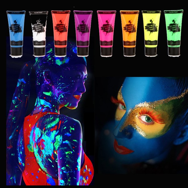 8 Tubes UV Fluorescent Art Make-up Body Painting Set 8 Colours Glow Neon Face and Body Paint Rainbow Pride Black Light Face Paint Decor Accessories for LGBT Pride Fancy Dress Party 10ml /0.34oz/Tube