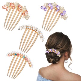 Heclia Pearl Hair Comb with Rhinestones, 4pcs Hair Bun Accessories for Women, Women'S French Twist Hairs Side Combs, Crystals Butterfly Fork Clips, Decor Twist Comb & Large Bobby Pins for Thick Hairs