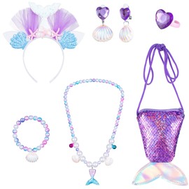 Topney Princess Mermaid Ariel Costume for Girls - Little Mermaid Tutu Dress with Headband,Bag,Necklace, Earring, Bracelet Light Purple 5T 5-6 Years