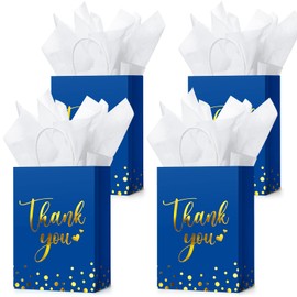 Tinlade 30 Pcs Thank You Gift Bags with Tissue Paper Gold Thank You Wedding Bags with Handle for Graduation Business Shopping Wedding Shower Party Favors(Blue)