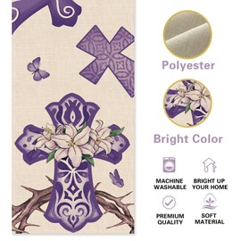 Uruney Christian Easter Cross Chinoiserie Table Runner, Religious Purple Kitchen Dining Table Decoration, Spring Lily Burlap Indoor Outdoor Home Decor Party Supply 13 x 72 Inches