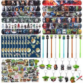 94-Piece Party Bag Children's Birthday Toy Set with 50 Stickers, 12 Key Chains, 10 Gift Bags, 12 Snap Bracelets, 10 Gel Pens, Gift Children's Party Accessories, Birthday Decoration