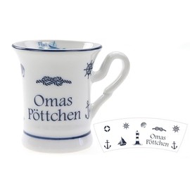 Generisch Maritimer Kaffeebecher Omas Pöttchen, Porzellan, 4,5cm Durchmesser, 5cm Höhe, Weiß-Blau mit Nautischen Motiven