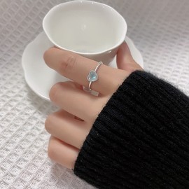 QIAMNI Love Heart Bright Aurora Moonstone Ring for Women 925 Silver Girl Minimalist Open Ring Fashion Jewelry Gift