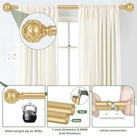 HTZON Gold Curtain Rods for Windows:Farmhouse Boho Decorative Curtain Rod for Bedroom Living Room,Heavy Duty Adjustable Rustic Drapery Rods Set with Vintage Coastal Texture Finials,Brass Gold 18-45"