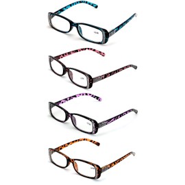 V.W.E. 4 Pairs of Women Rectangular Rhinestones Reading Glasses - Fashion Leopard Clear Lens Readers Demi Tortoise (4 Assorted, 3.00)