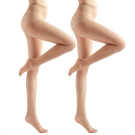 RubyRunk 2 Pairs Women's Sheer Tights with Run-Resist,20D Ladies High Waist Support Control Top Pantyhose with Reinforced Toes(nude-L)