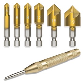 Chamfering Cutter, Chamfering Cutter, Bit, Woodworking Cutter, Countersunk Cone, Counterbore, Hexagonal Shaft, Deburring, Deburring, Drilling Tool, Durable, 5 Blades (0.2/0.3/0.4/0.5/0.47/0.6/0.7 inches (6/8/9/12/16/19 mm)+1 Automatic Center Punch Set of