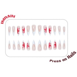 IMRAIN Long Stiletto Press on Nails White French Tips Fake Nails with Red Flower Designs Full Cover Glossy Artificial Gel False Nails Glue on Nails for Women 24Pcs