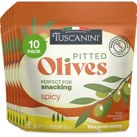 Tuscanini Italian Spicy Snack Olives, 1 oz (10 Pack) | Convenient Olive Pouches for Snacking | No Oil | Gluten Free, Vegan, Keto Friendly | Pitted Olives | Great for Travel, Picnics, and Office Snacks