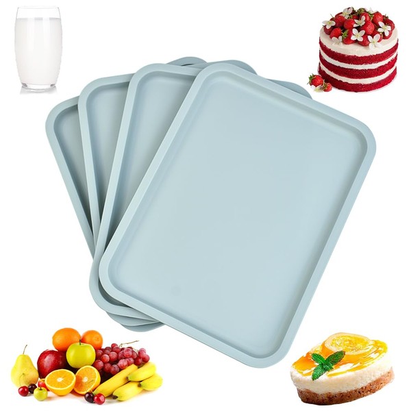 QUCUMER 4 Pieces Plastic Serving Trays Tray Made of Plastic 23 x 30.5 cm Serving Plates Serving Tray Rectangular Trays Non-Slip Fast Food Tray for Kitchen Dining Room Cafe (Blue Colour)