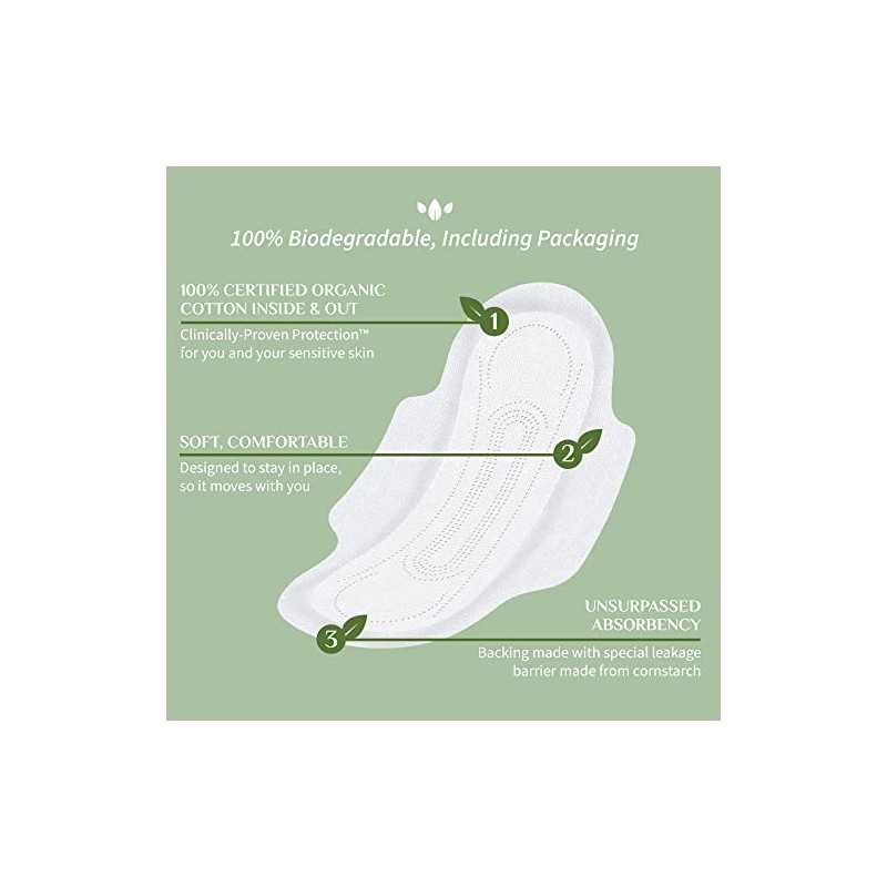 Paquete de 40 toallas sanitarias 100% algodón orgánico certificado, flujo