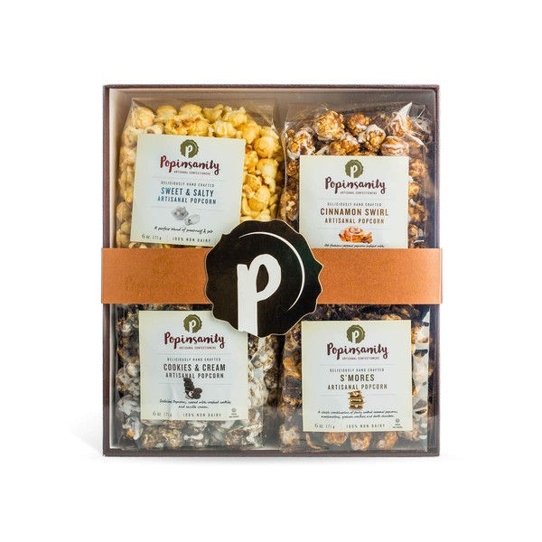 Popinsanity Gourmet Popcorn Deluxe Fancy Variety Gift Box - Sweet & Salty | Cookies & Cream | S’Mores | Cinnamon Swirl - Non-GMO & Dairy Free - Holiday, Get Well, Corporate or Birthday Gift