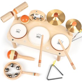 Kids Drum Set - 11 in 1 Wooden Musical Instruments for Toddlers 3+, Montessori Toys for Baby Boy Girls Easter Christmas Birthday Gifts for Kids Age 3 4 5 6