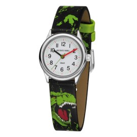 JACQUES FAREL Boys Dinosaur T-Rex Watch Black Green Metal Boys Quartz Analogue HCC 921, Black, green, steel colours, Strap.