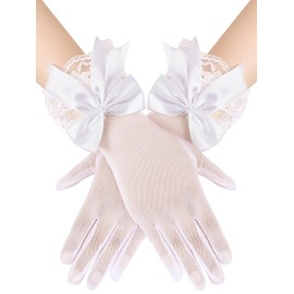 Bencailor Women Lace Gloves Tea Party Wedding Short Bow Sheer Gloves Evening Elegant Accessories for Sun Protection Funeral (Lace Bow,Solid White)