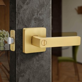 Moquin Privacy Gold Door Handle with Lock, Keyless Heavy Duty Square Interior Door Lever for Bathroom or Closet, Satin Brass