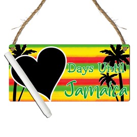 Days Until Jamaica Countdown Plaque - Tropical Holiday Countdown Sign - Jamaican Travel Countdown with Chalkboard - Caribbean Beach Vacation Countdown (Green, Yelow, Red Stripes, With Pen)
