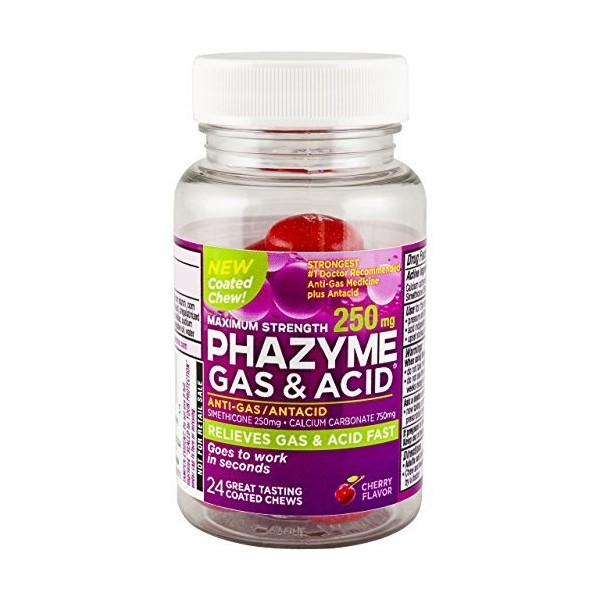 Phazyme Gas+ Acid Maximum Strength, 250 mg, Cherry, 24 Coated Chews by Phazyme