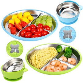 comeder Stainless Steel Baby Plates with Suction - 2 Pack Divided Toddler Plates for Baby Led Weaning, BPA-Free Non-Slip Feeding Set, Dishwasher Safe (4 Pack Blue+Green)