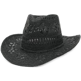 EOZY Men & Women's Summer Cowboy Cowgirl Straw Hat Hollow Out Woven Roll Up Wide Brim Hat/Black